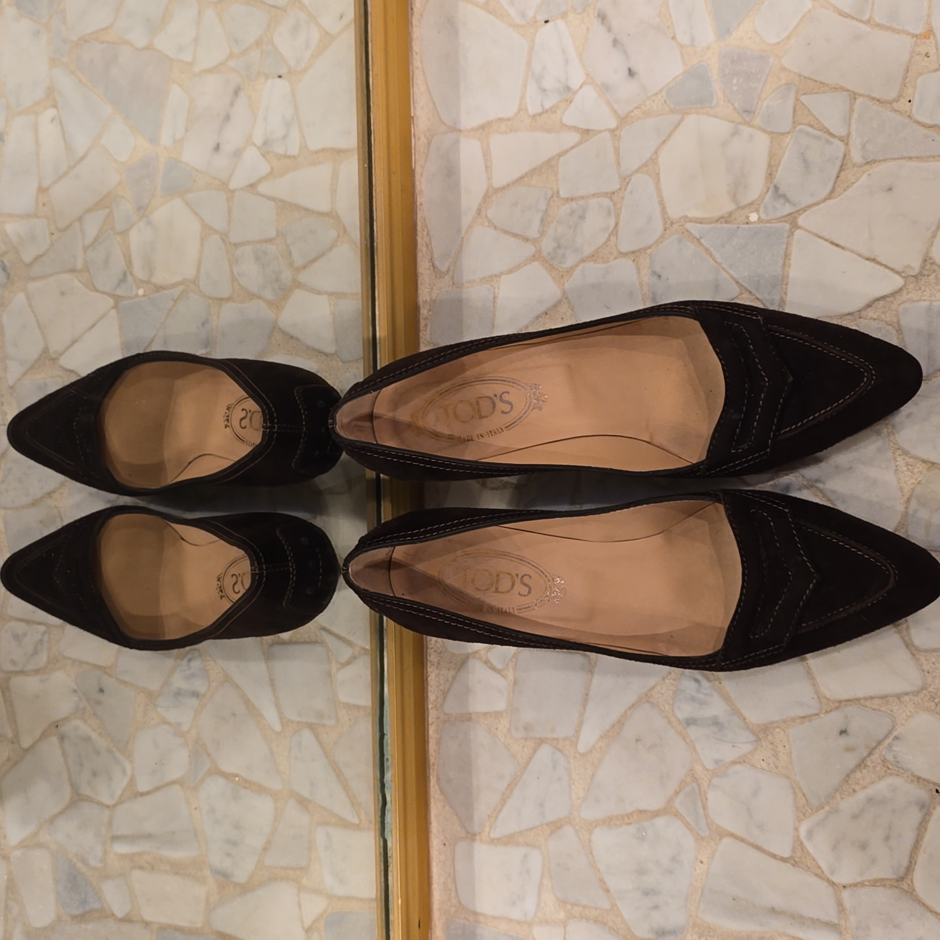 Tods Brown Suede Pointy Low Heels, Size 38.5